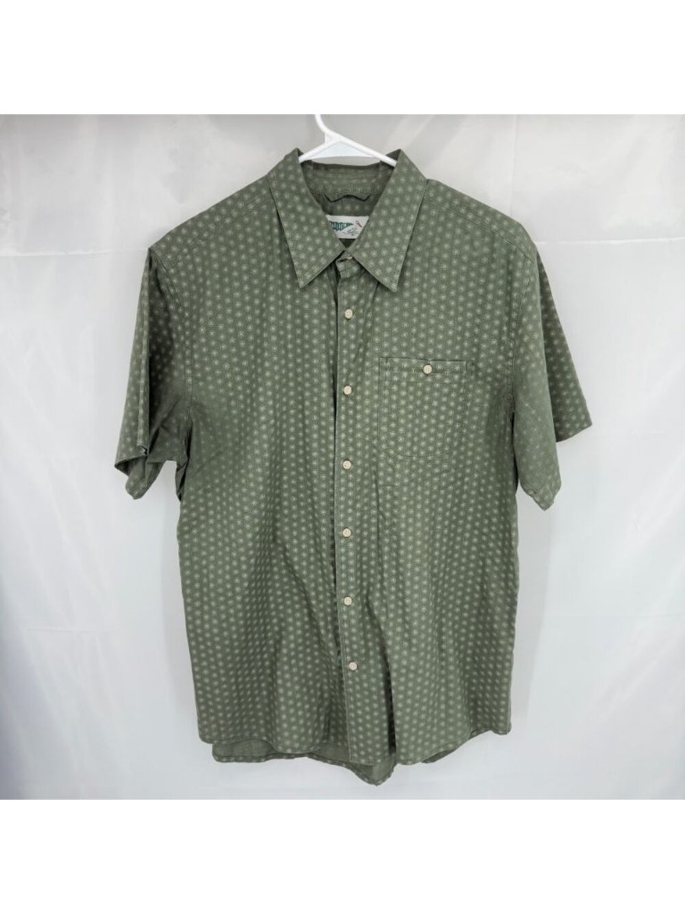 Wellen Men L Short Sleeve Button Down Shirt Green Print Organic Cotton Casual